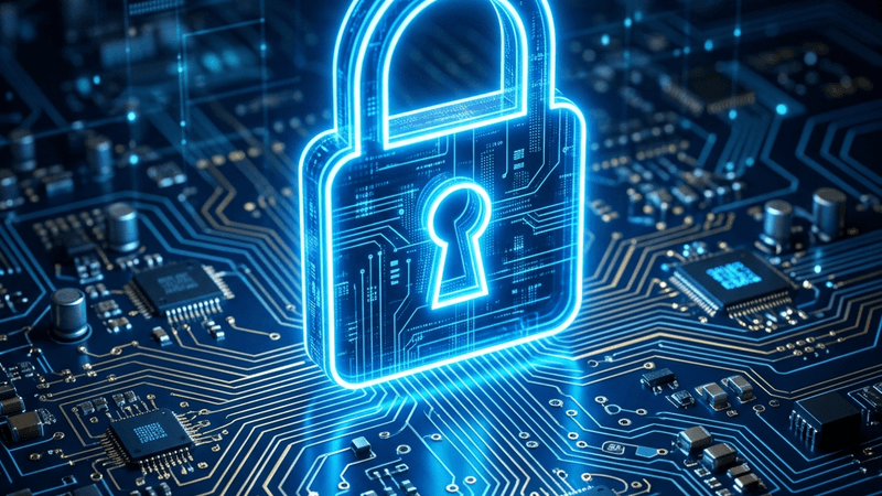 Digital lock icon over a glowing circuit board pattern