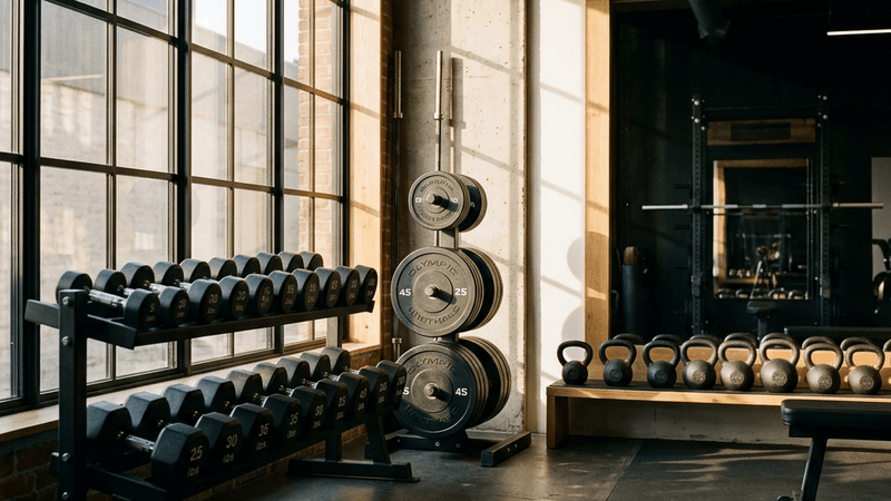 Modern gym with dumbbells and weight plates in natural light
