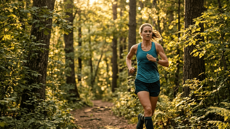 Runner on a scenic trail during golden hour with trees lining the path